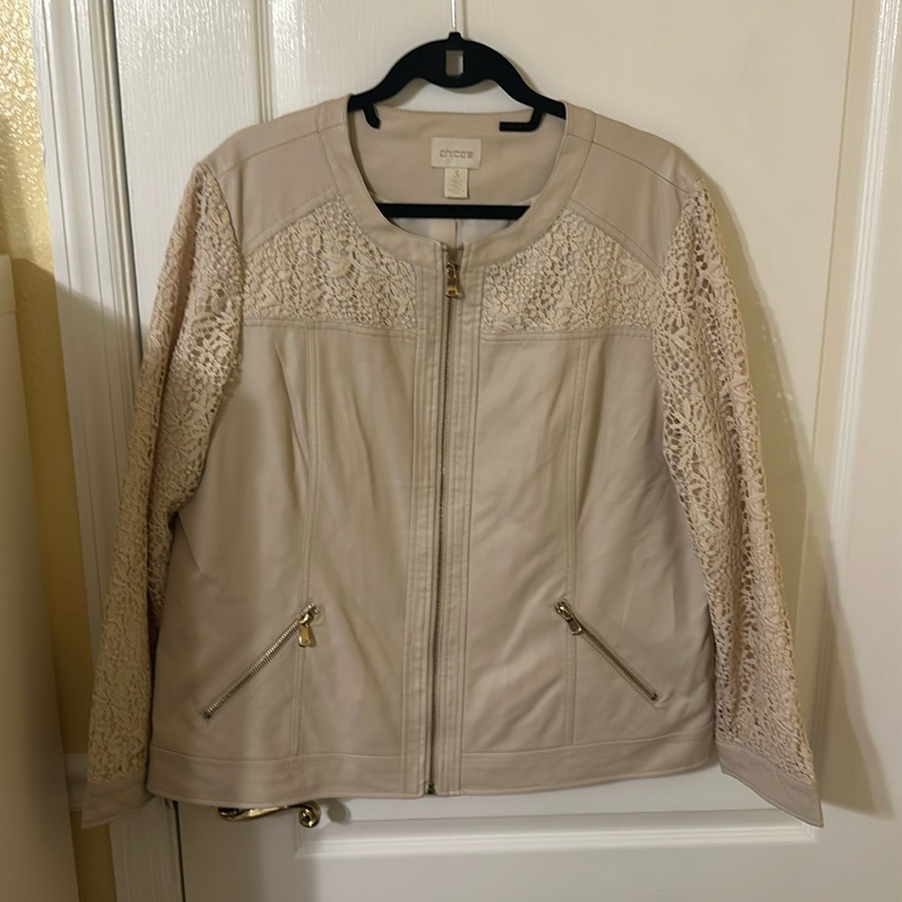 Faux Leather Jacket with Lace Sleeves